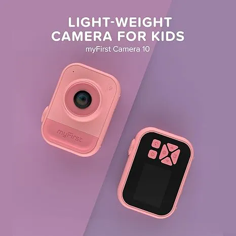 Deux caméras roses pour enfants sur une surface violette. Texte : Appareil photo léger pour enfants myFirst Camera 10.