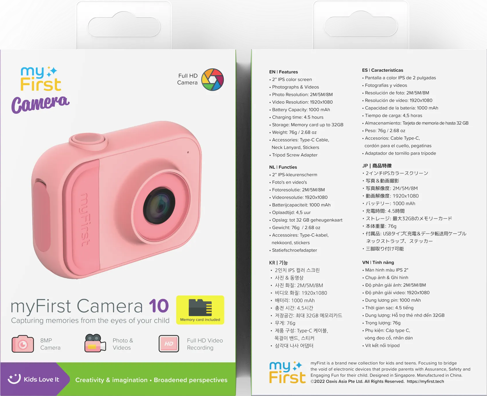 Appareil photo rose myFirst avec fonctionnalités, texte et icônes.