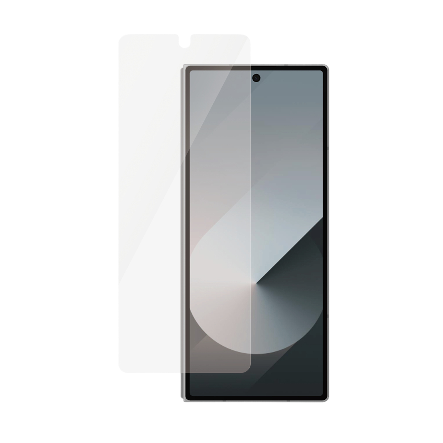 Smartphone screenprotector, vooraanzicht. Toont de protector en een smartphone met een gradient display.
