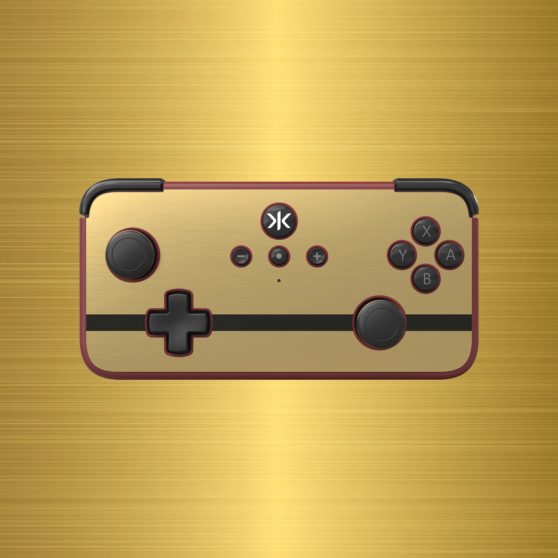 Un controller di gioco oro e nero con dettagli rossi, pulsanti neri e un logo.