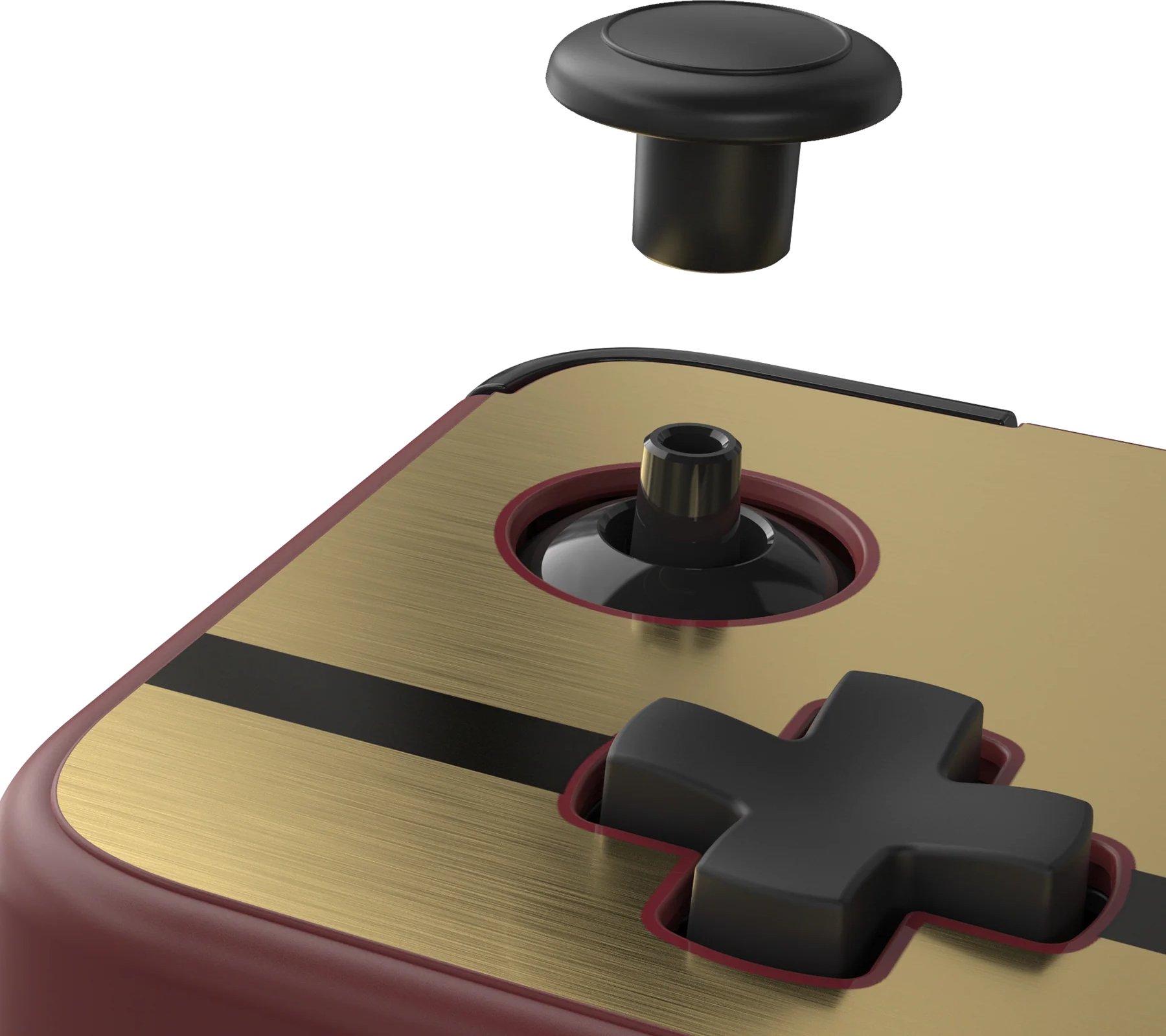 Primo piano di un controller di gioco con joystick nero staccato e un design rosso e oro.