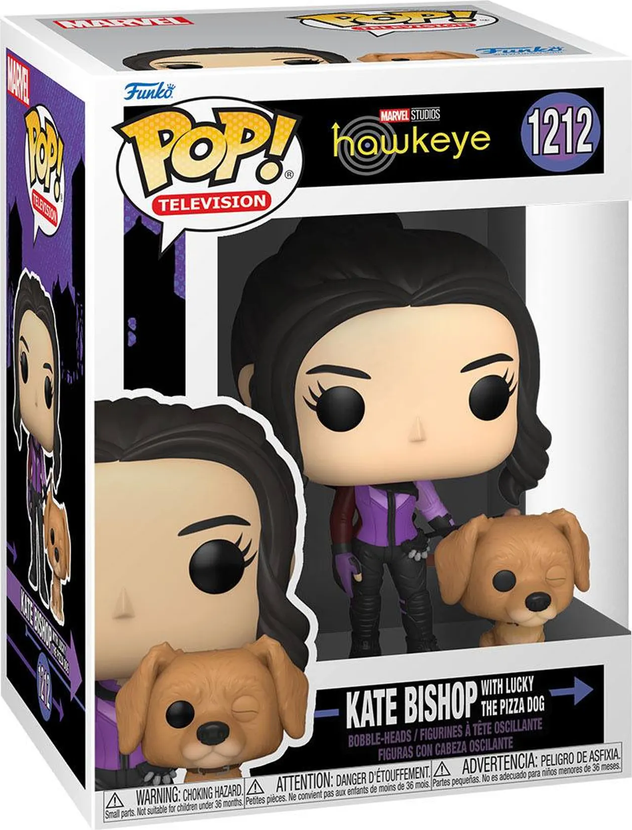 Une figurine Funko Pop de Kate Bishop avec Lucky the Pizza Dog, de la série télévisée Hawkeye, dans une boîte.