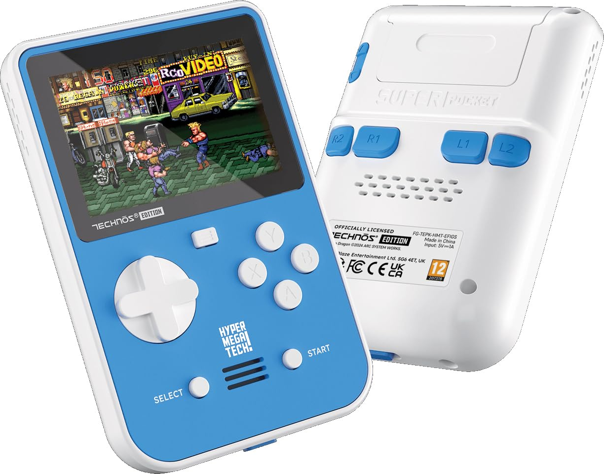 Console de jeu portable rétro, bleue et blanche, affichant un jeu vidéo pixélisé à l'écran.