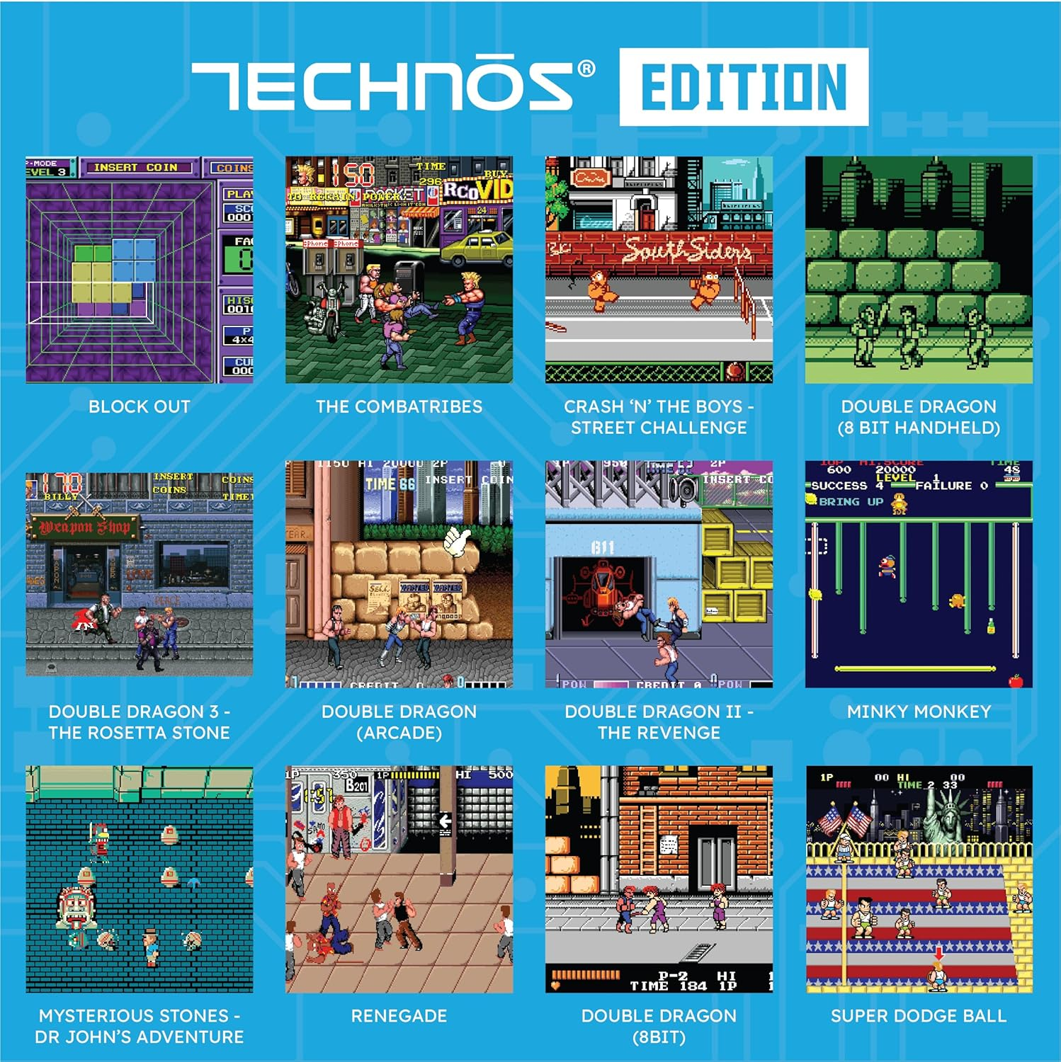 Compilation de jeux d'arcade Technos Edition. Comprend diverses couvertures de jeux rétro. Image colorée.
