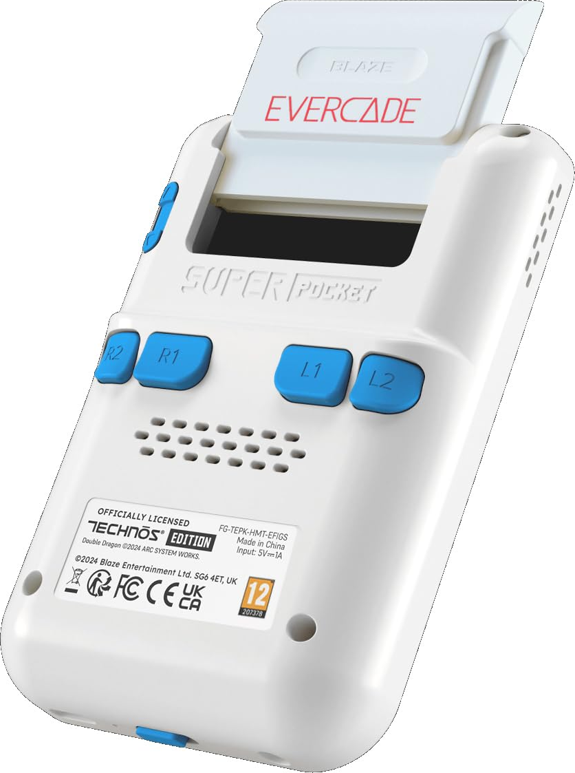 Console portable Evercade Super Pocket blanche avec boutons bleus et cartouche Evercade insérée.