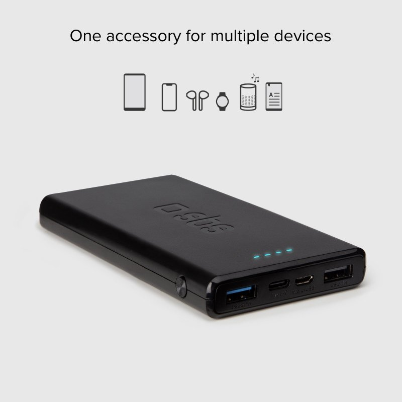 Schwarze Powerbank mit Geräte-Symbolen.