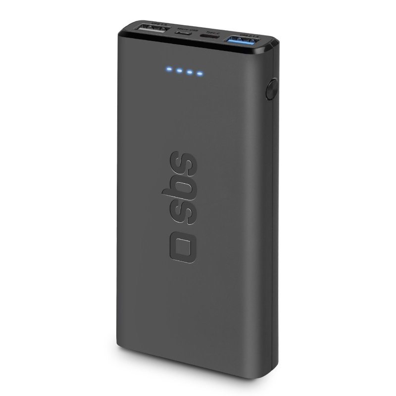 Schwarze Powerbank mit blauen LED-Leuchten und dem SBS-Logo, weißer Hintergrund.