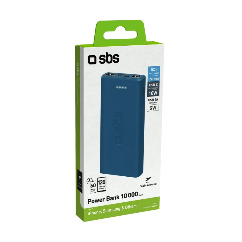 Blaue Powerbank-Verpackung mit Text, einschließlich 'Power Bank 10000 mAh', und weißem Hintergrund.