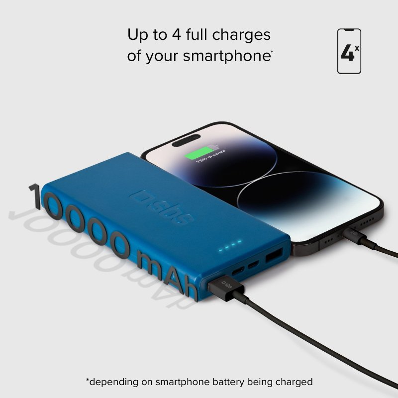 Blaue Powerbank lädt Telefon mit Kabel auf weißer Oberfläche. Text: 10000 mAh.