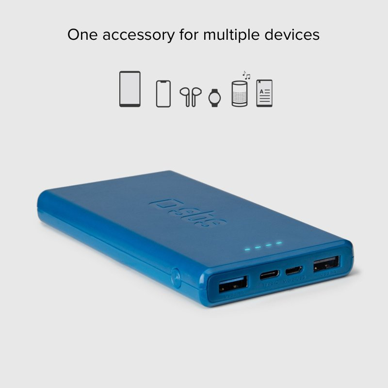 Blaue Powerbank mit USB-Anschlüssen. Text: 'Ein Zubehör für mehrere Geräte'.