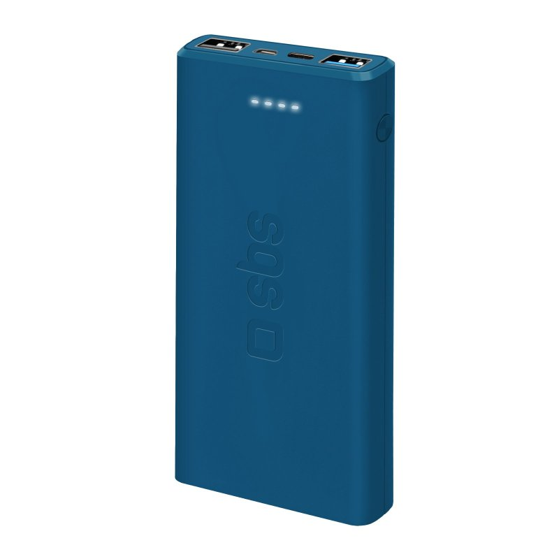 Blaue SBS Powerbank mit vier weißen Ladezustandsleuchten und zwei USB-Anschlüssen.