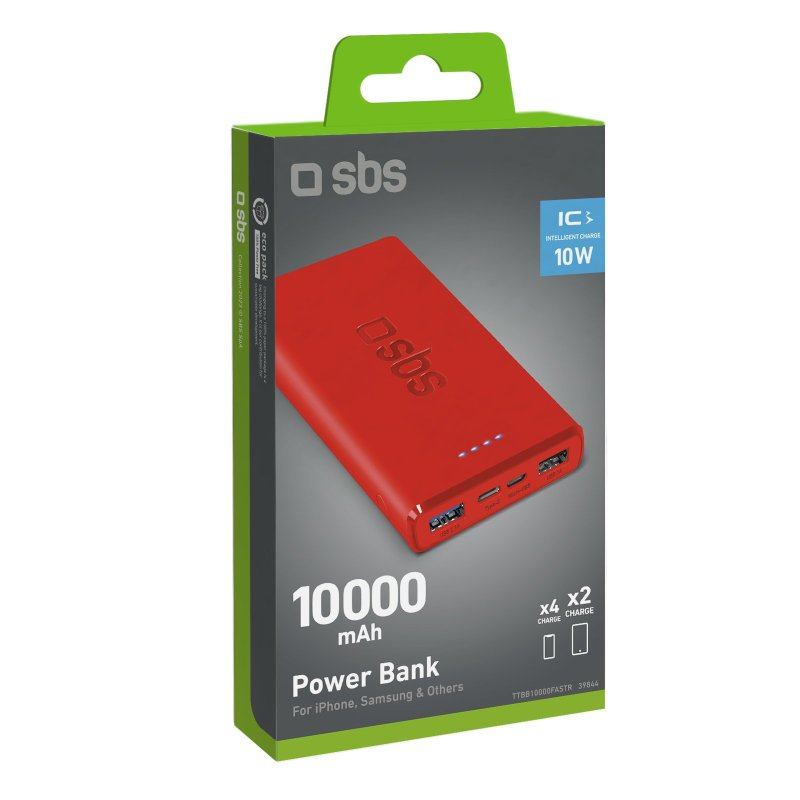 Rote Powerbank in ihrer Verpackung. Die Verpackung trägt das 'sbs'-Logo und Text.