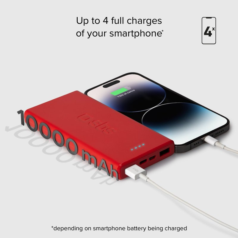 Rote Powerbank lädt ein Telefon. Auch ein Telefon wird geladen.