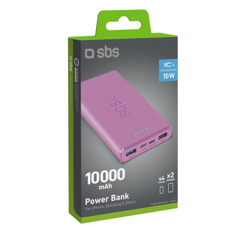 Rosa SBS 10000 mAh Powerbank in Verpackung. Zeigt USB-Anschlüsse und Ladeanzeigen.