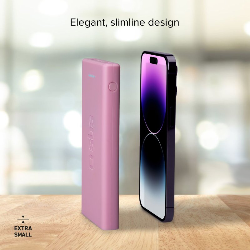 Rosa Powerbank neben einem Smartphone. Text: 'Elegant, schlankes Design' und 'extra klein'.