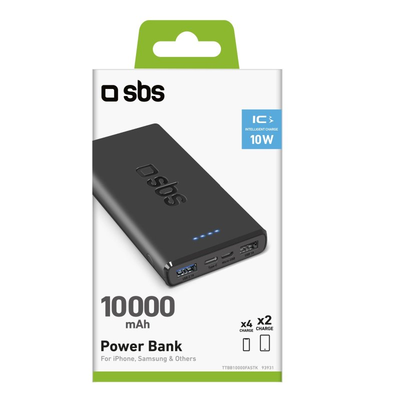 Schwarze SBS 10000 mAh Powerbank in einer Box mit grünem Aufhänger, USB-Anschlüsse.