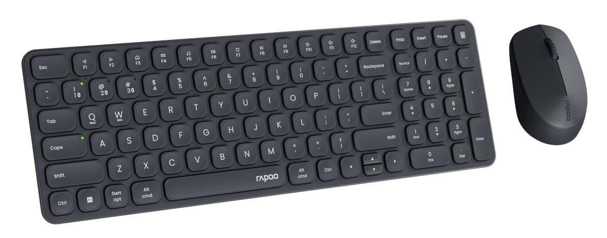 Czarny zestaw klawiatura i mysz. Klawiatura ma pełny układ z marką rapoo.