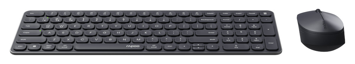 Czarny zestaw klawiatury i myszy. Klawiatura jest kompaktowa z pełnym układem. Mysz jest gładka i ciemna.