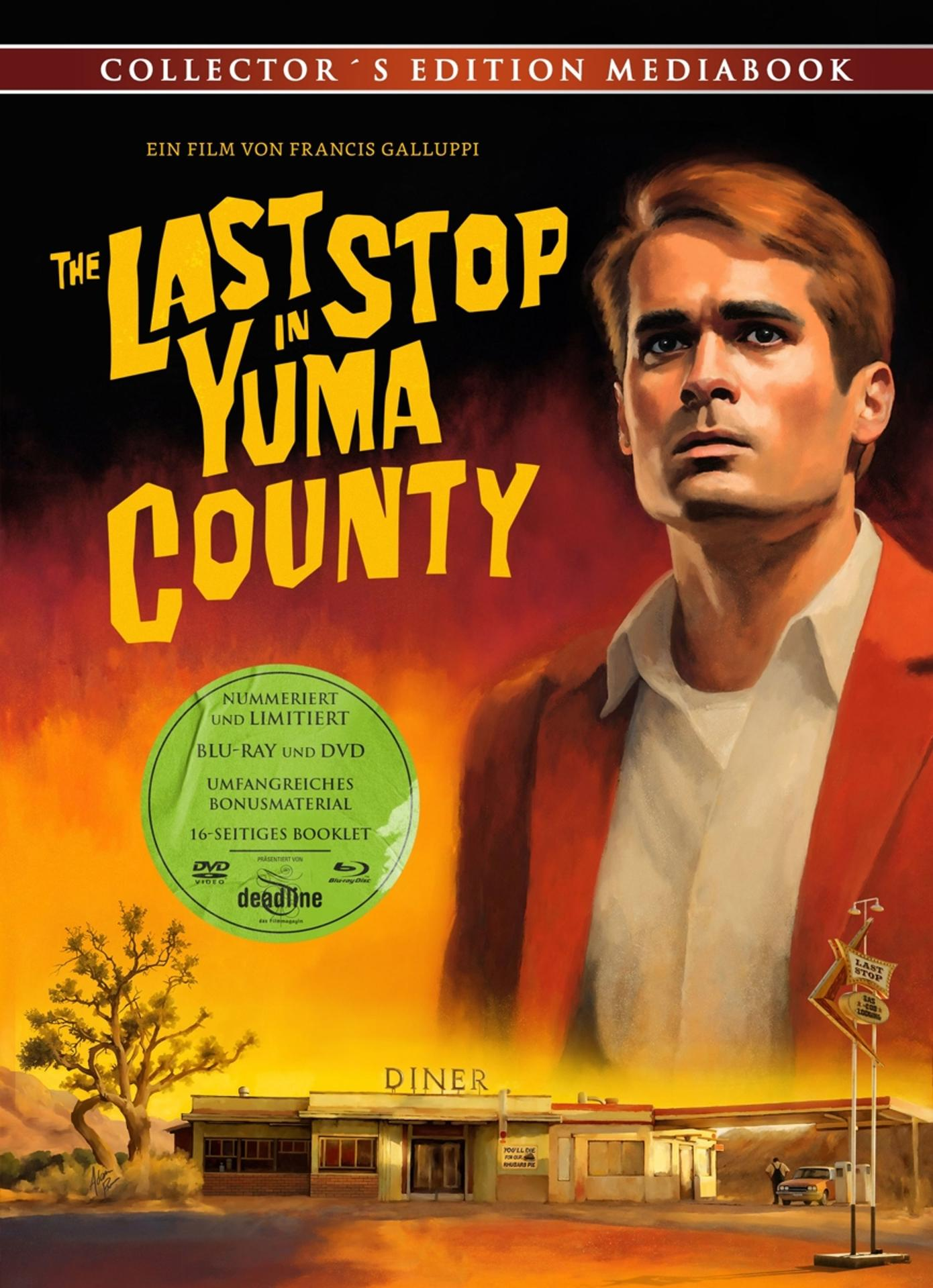 Filmposter für "The Last Stop in Yuma County", mit einem Mann in einer orangefarbenen Jacke und einem Diner.