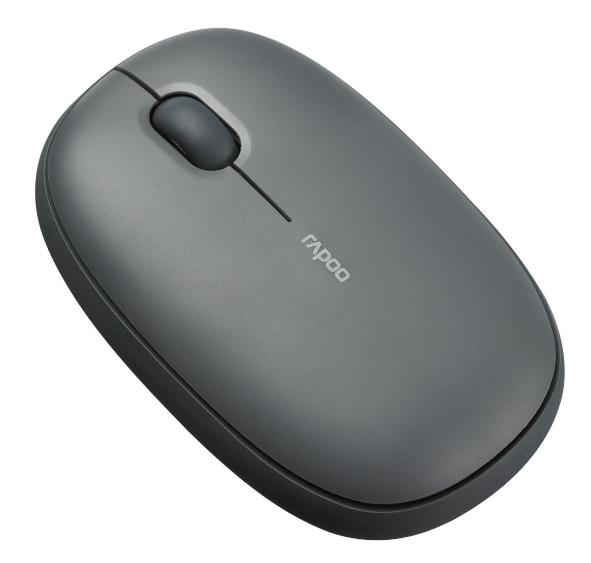 Szara mysz komputerowa z kółkiem przewijania i logo Rapoo pokazana z góry.