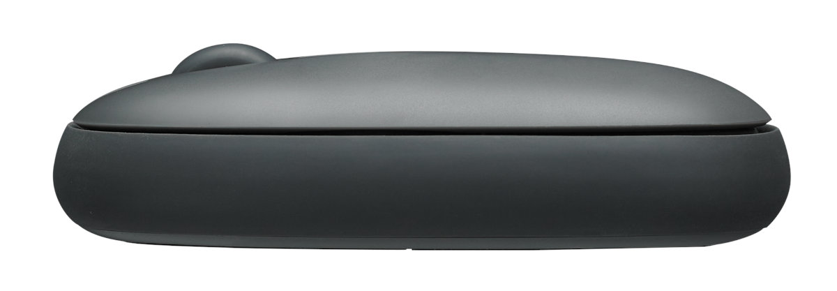 Widok z boku ciemnoszarej myszy Google, prosty design.
