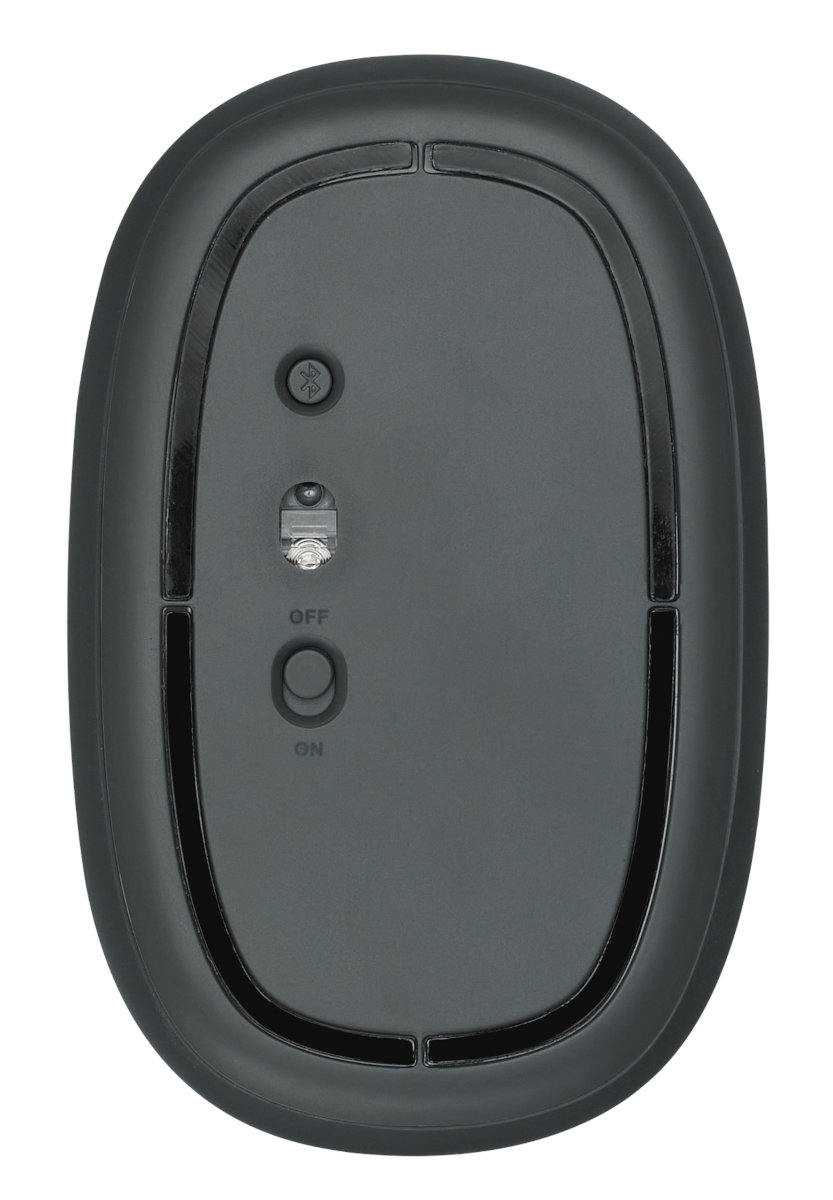 Spód czarnej myszy z przełącznikiem zasilania i przyciskiem parowania.