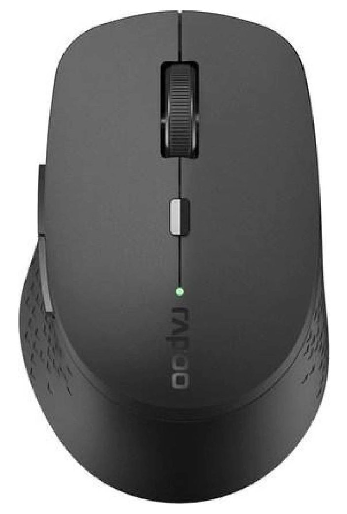 Czarna mysz komputerowa z kółkiem przewijania i logo Rapoo.