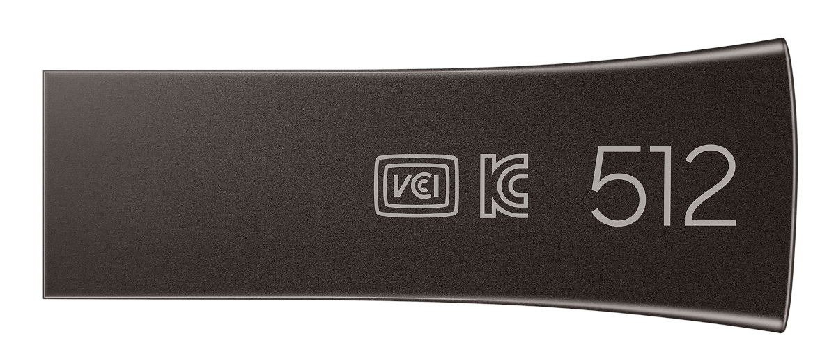 Ciemnoszary pendrive USB z białym tekstem i symbolami.