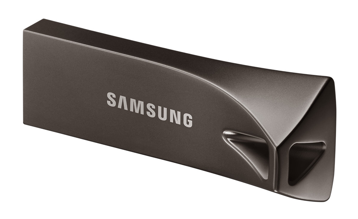 Ciemnoszary pendrive USB Samsung z nazwą marki.