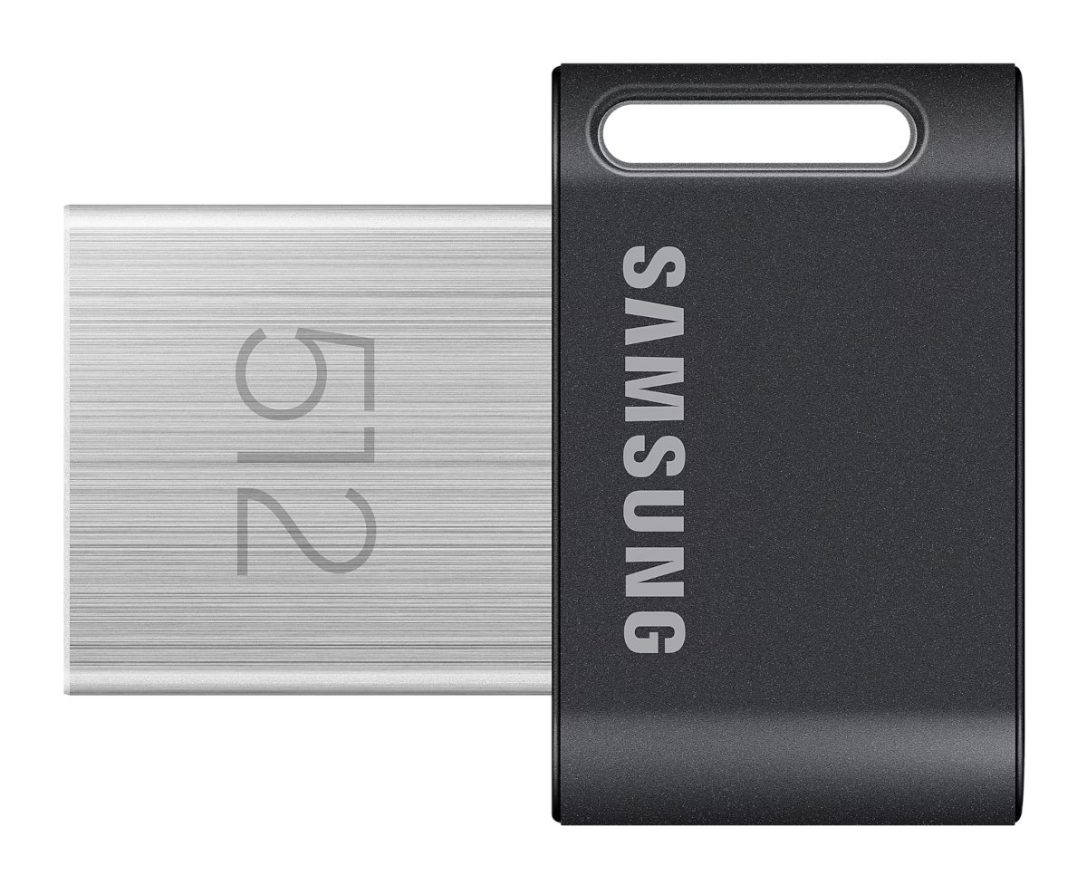 Srebrny pendrive Samsung 512 GB z czarnym zakończeniem. Marka 'SAMSUNG' jest nadrukowana.