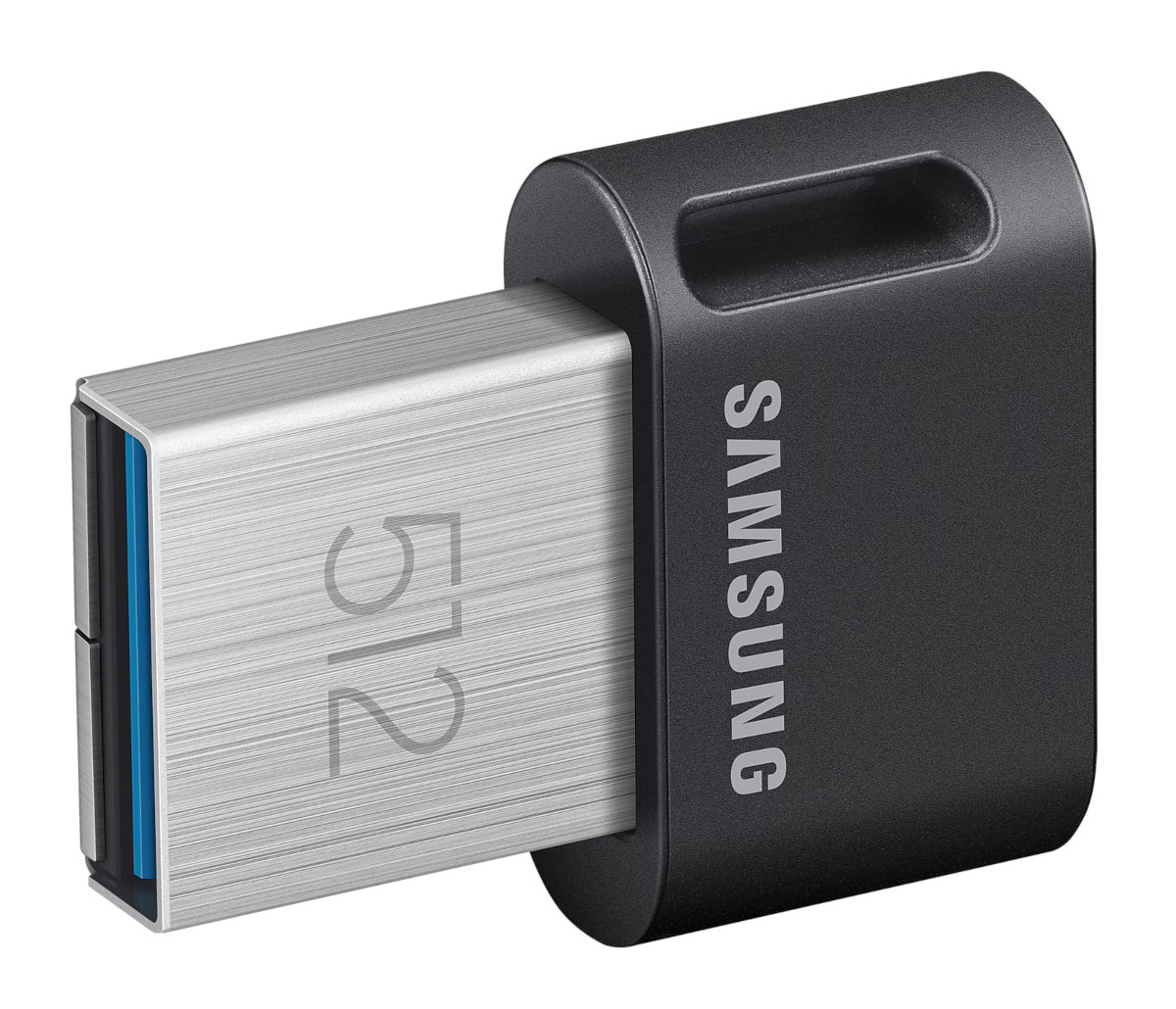 Czarny pendrive z metalowym srebrnym końcem, pokazujący pojemność '512' i markę SAMSUNG.