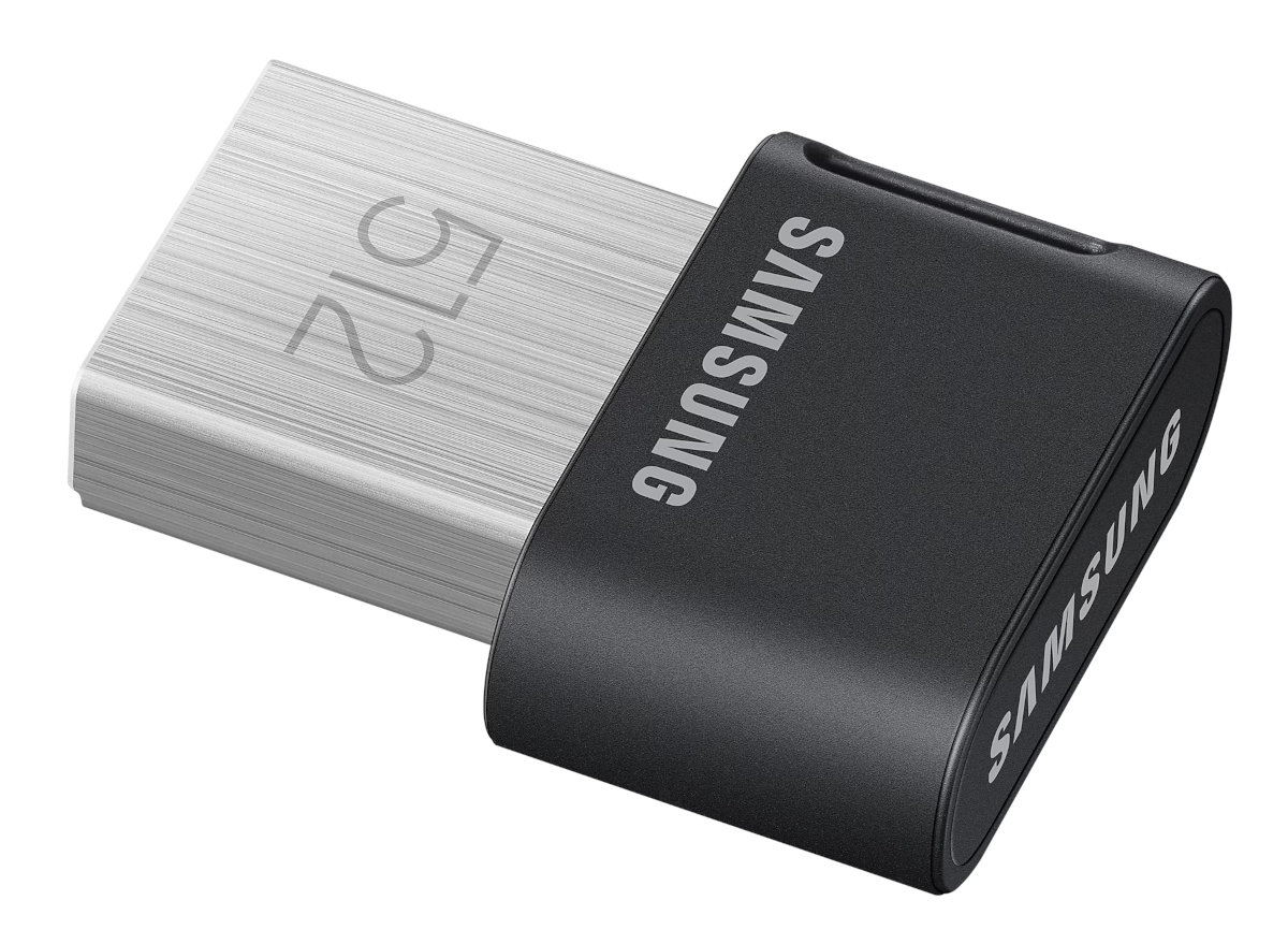 Srebrny i czarny pendrive. "512" na srebrnej części, logo Samsung na czarnym.