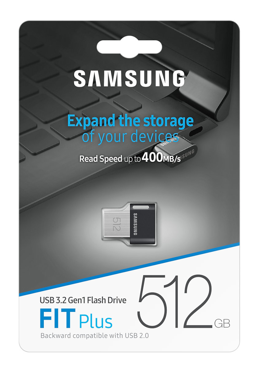 Dysk USB Samsung w opakowaniu, na klawiaturze. Dysk jest srebrno-czarny. Odczyt do 400MB/s.