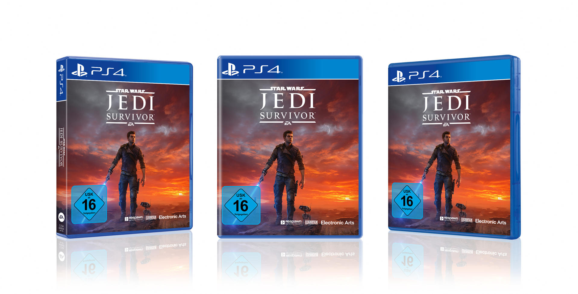 Drei Videospielhüllen für Star Wars Jedi Survivor mit Bewertungen und Logos.