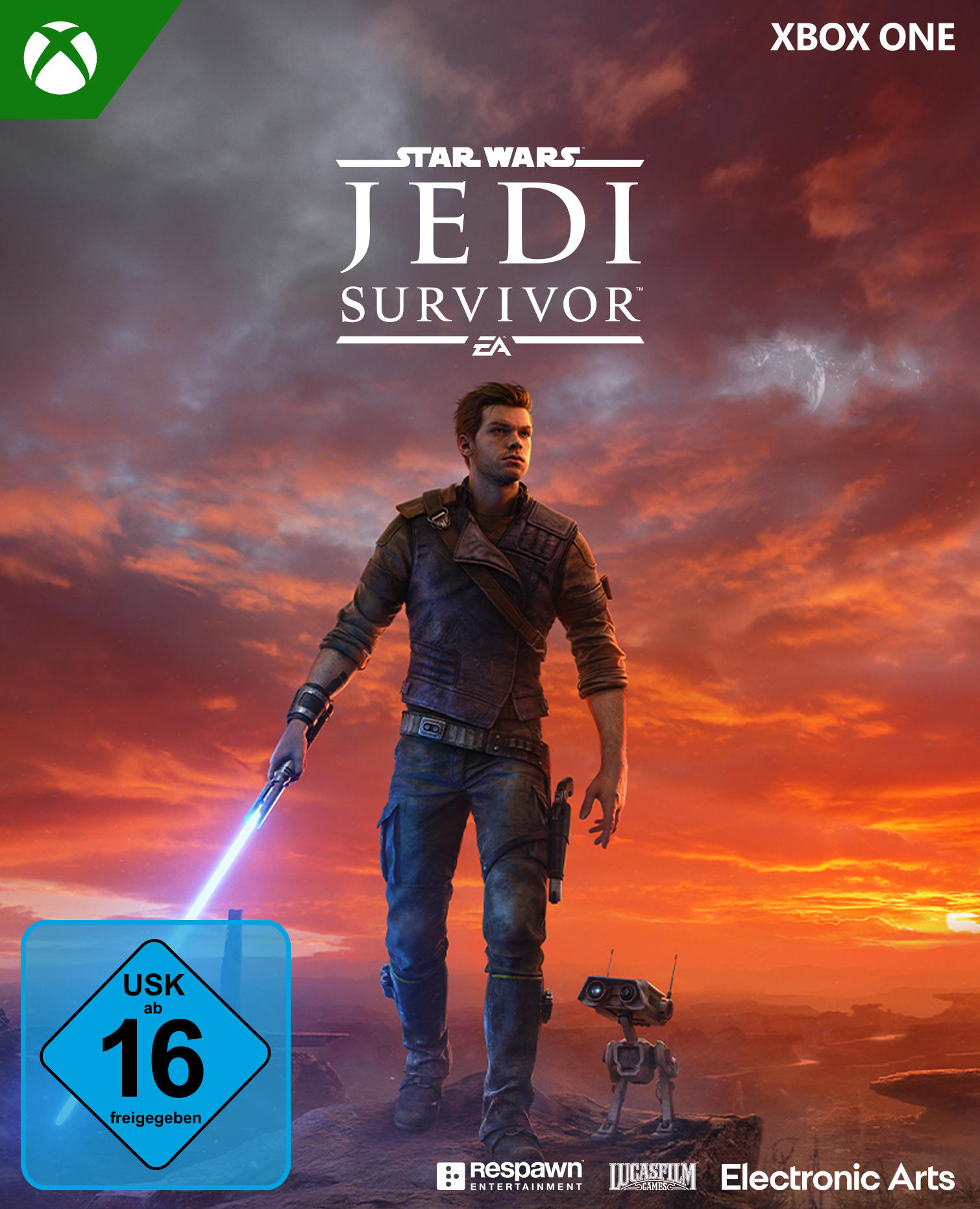 Spiele-Cover für Star Wars Jedi Survivor. Ein Mann mit Lichtschwert blickt einem Sonnenuntergang entgegen.