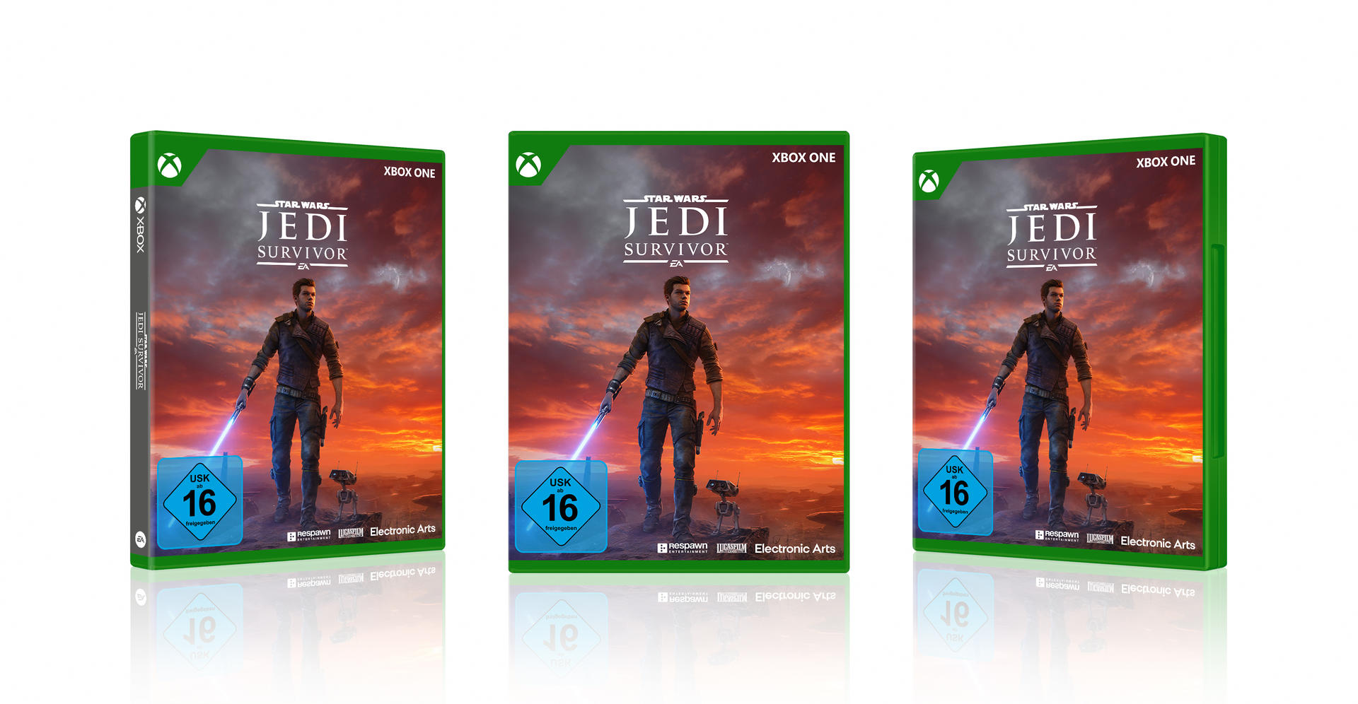 Drei Xbox-Spielehüllen, Star Wars Jedi Survivor, mit einem Mann, der ein Lichtschwert hält.