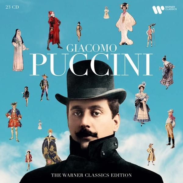 Albumcover mit Giacomo Puccini, mit verschiedenen Figuren in historischen Kostümen vor blauem Hintergrund.