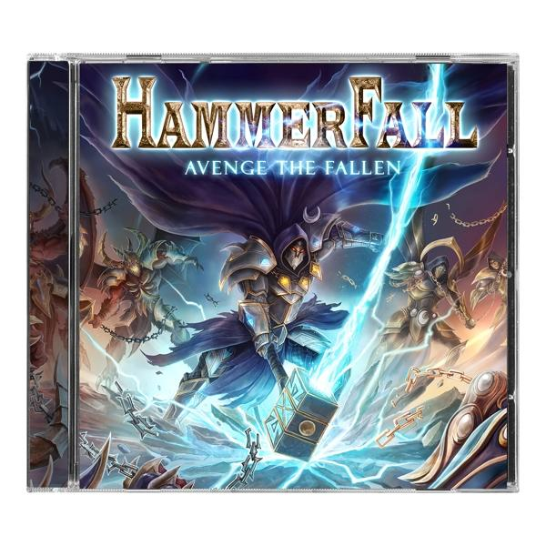 CD borító: Hammerfall albuma, 'Avenge the Fallen', páncélos lovaggal és villámlással.