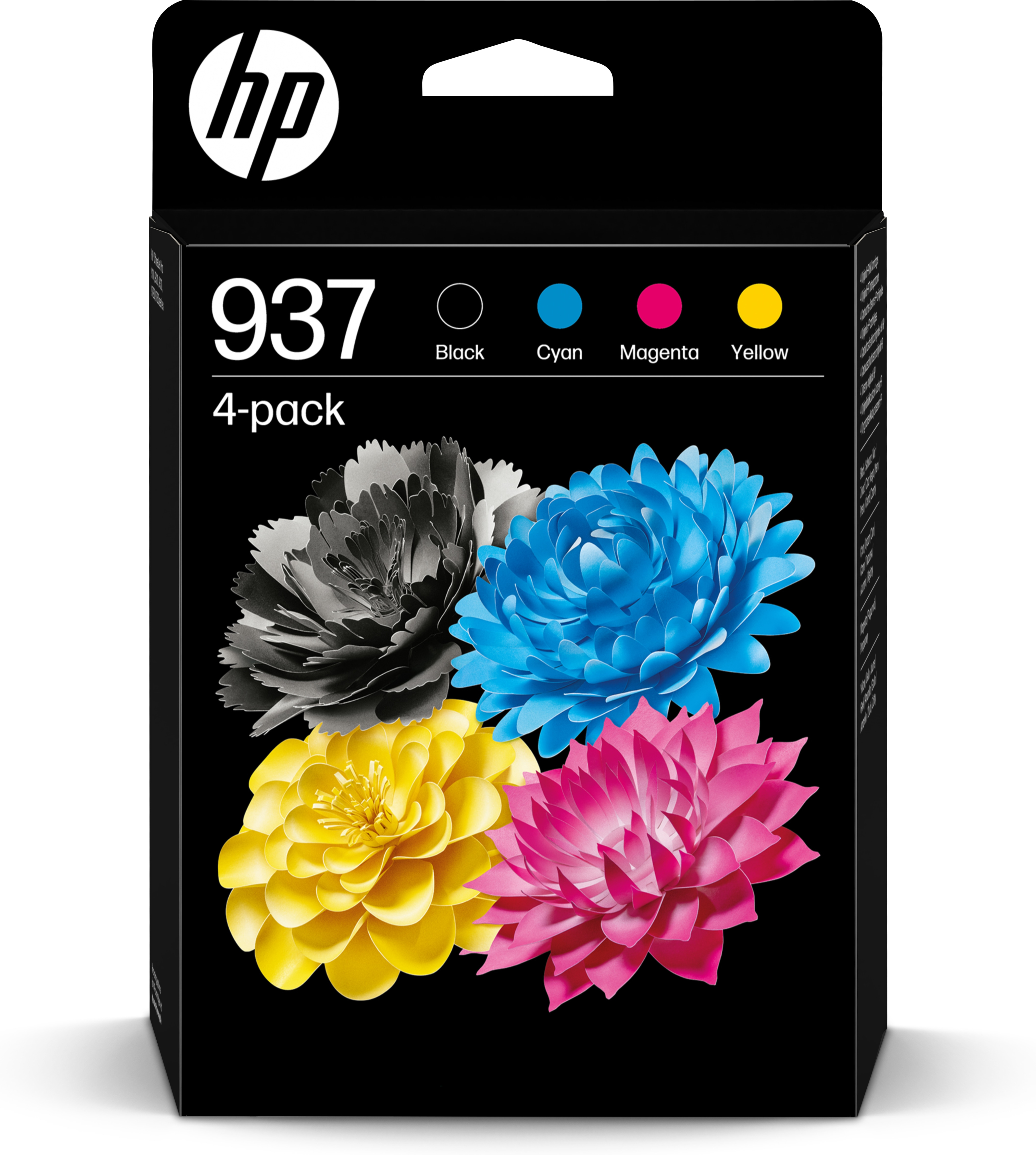 Scatola cartucce d'inchiostro HP 937. Presenta quattro colori: nero, ciano, magenta e giallo, con fiori.