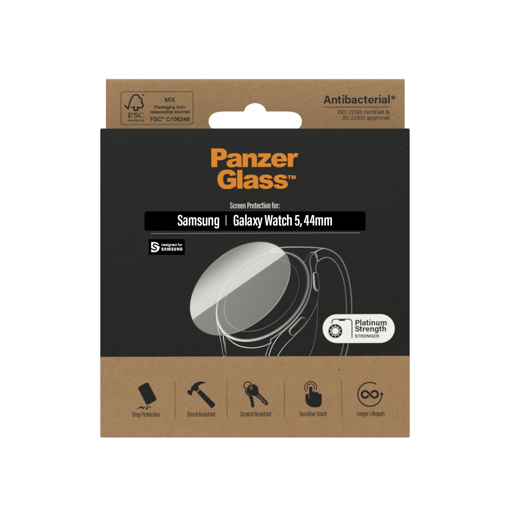 Une boîte de protecteur d'écran pour une Samsung Galaxy Watch 5, 44mm. Texte : Panzer Glass.