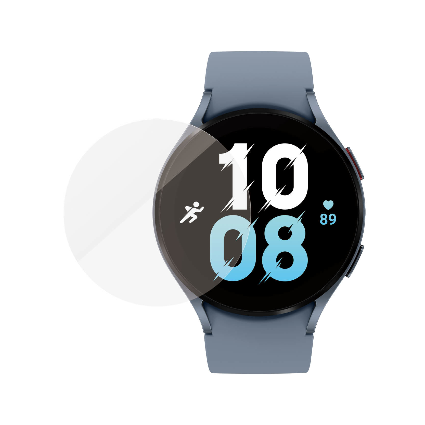 Une montre intelligente bleue avec un écran rond affichant l'heure et les données de santé. Fond blanc.