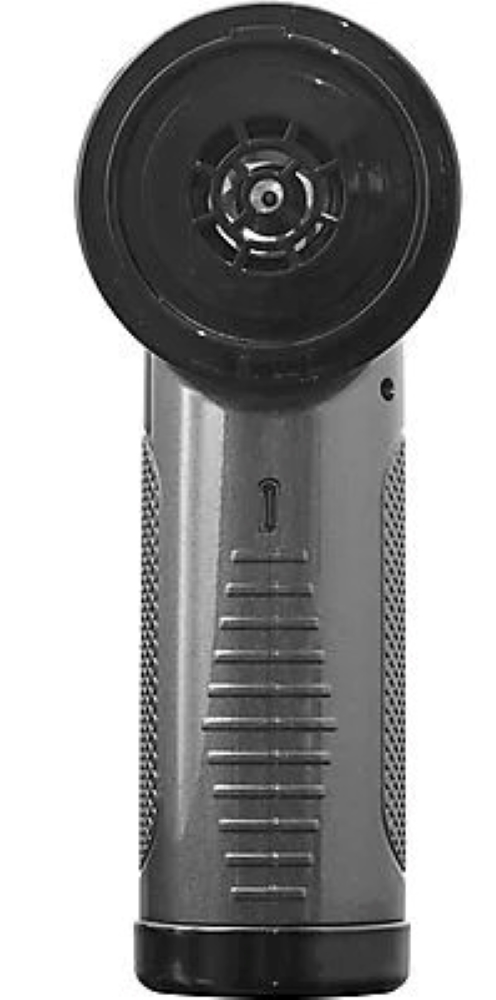 Czarno-szare urządzenie przenośne, prawdopodobnie pistolet do masażu. Ma okrągłą głowicę i strzałkę.