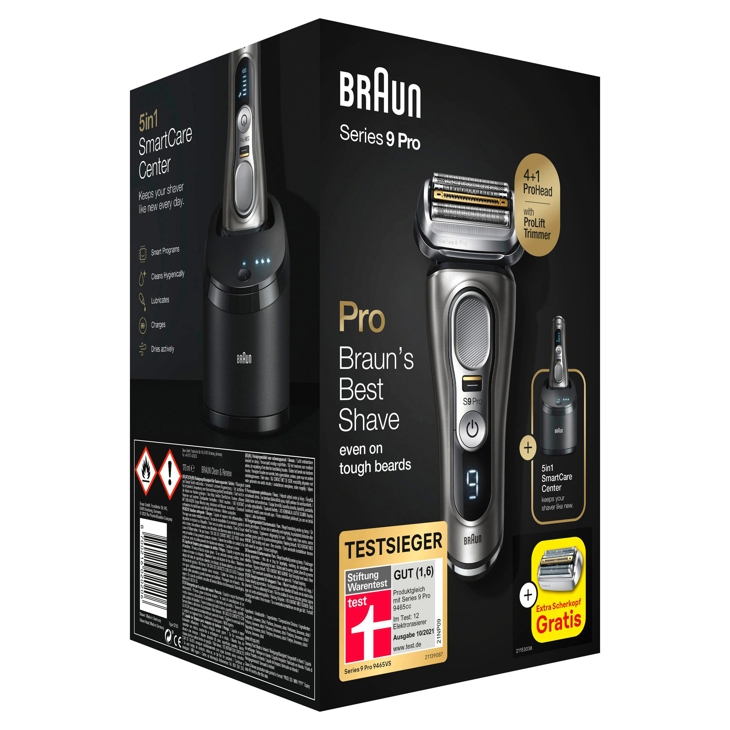 Braun Series 9 Pro Rasiererbox. Sie zeigt den Rasierer, eine Reinigungsstation und Text zu den Vorteilen des Produkts.