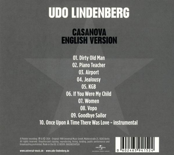 Rückseite eines Albumcovers mit Trackliste. Der Künstler ist Udo Lindenberg. Das Album ist Casanova.