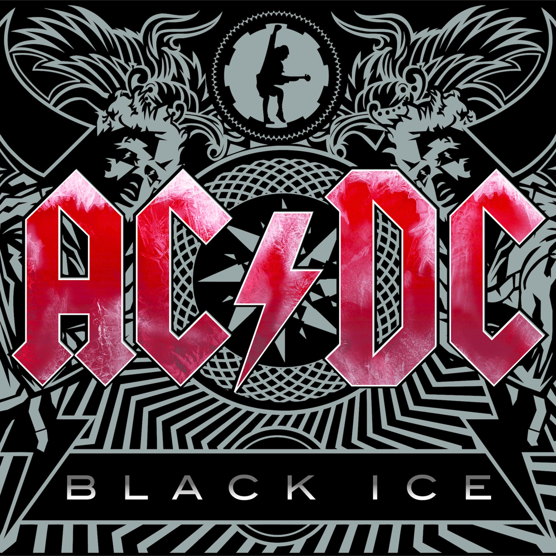 AC/DC 'Black Ice' Albumcover. Rotes Logo und Blitz über einem schwarzen und grauen Hintergrund.