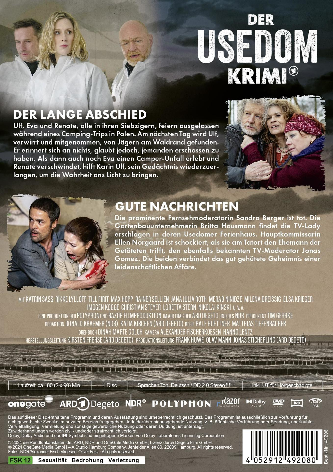 Rückseite einer DVD-Hülle von "Der Usedom Krimi". Enthält Schauspieler und eine Zusammenfassung der Handlung.