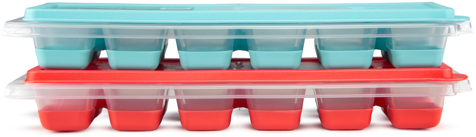 Deux bacs à glaçons, un turquoise, un rouge, empilés l'un sur l'autre.