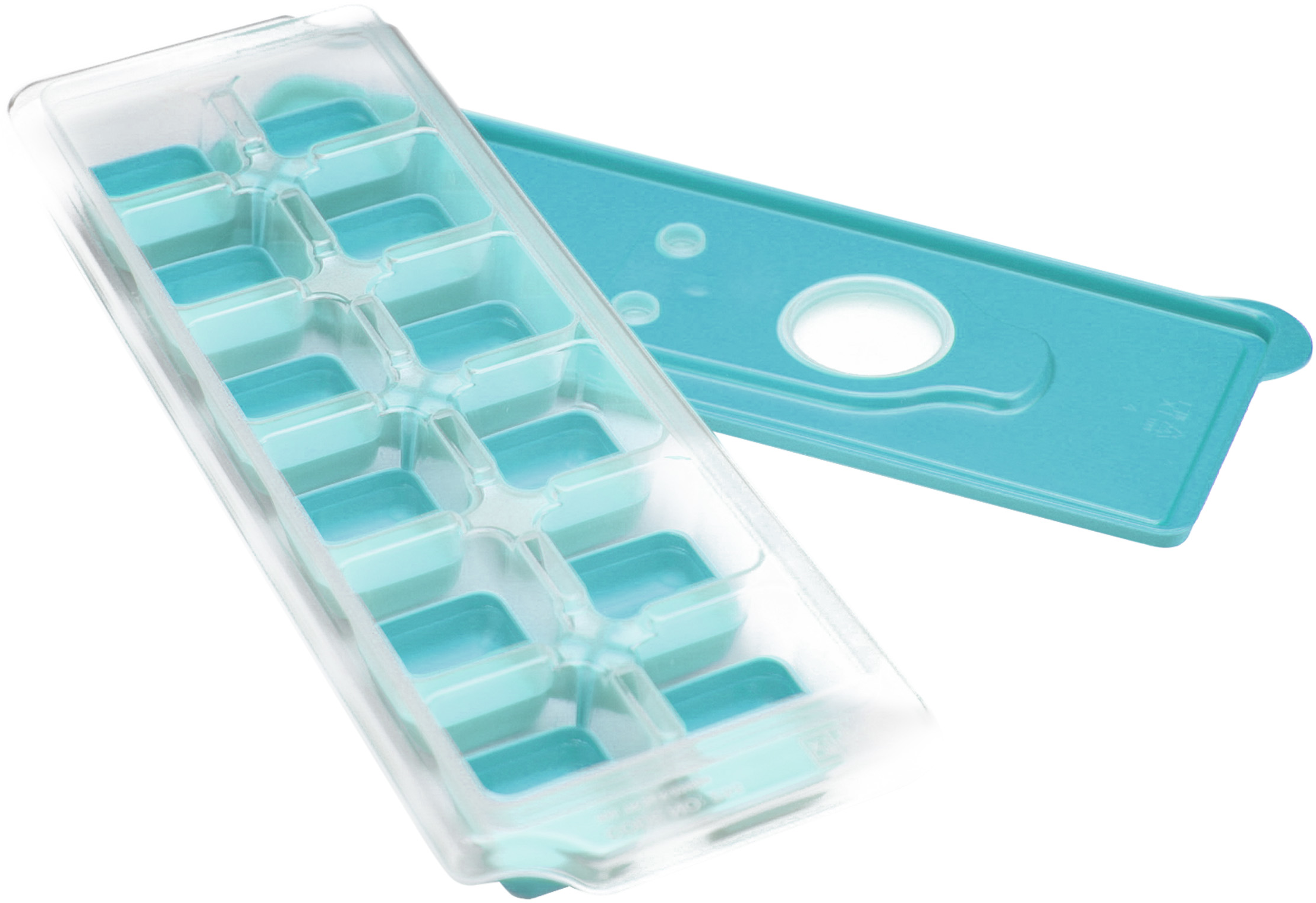 Bac à glaçons transparent avec compartiments bleus. Couvercle à côté.