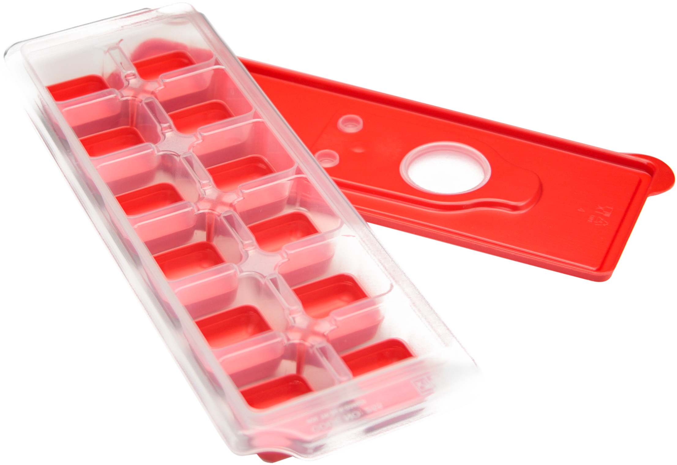 Bac à glaçons transparent avec compartiments rouges et couvercle. Le couvercle est séparé.