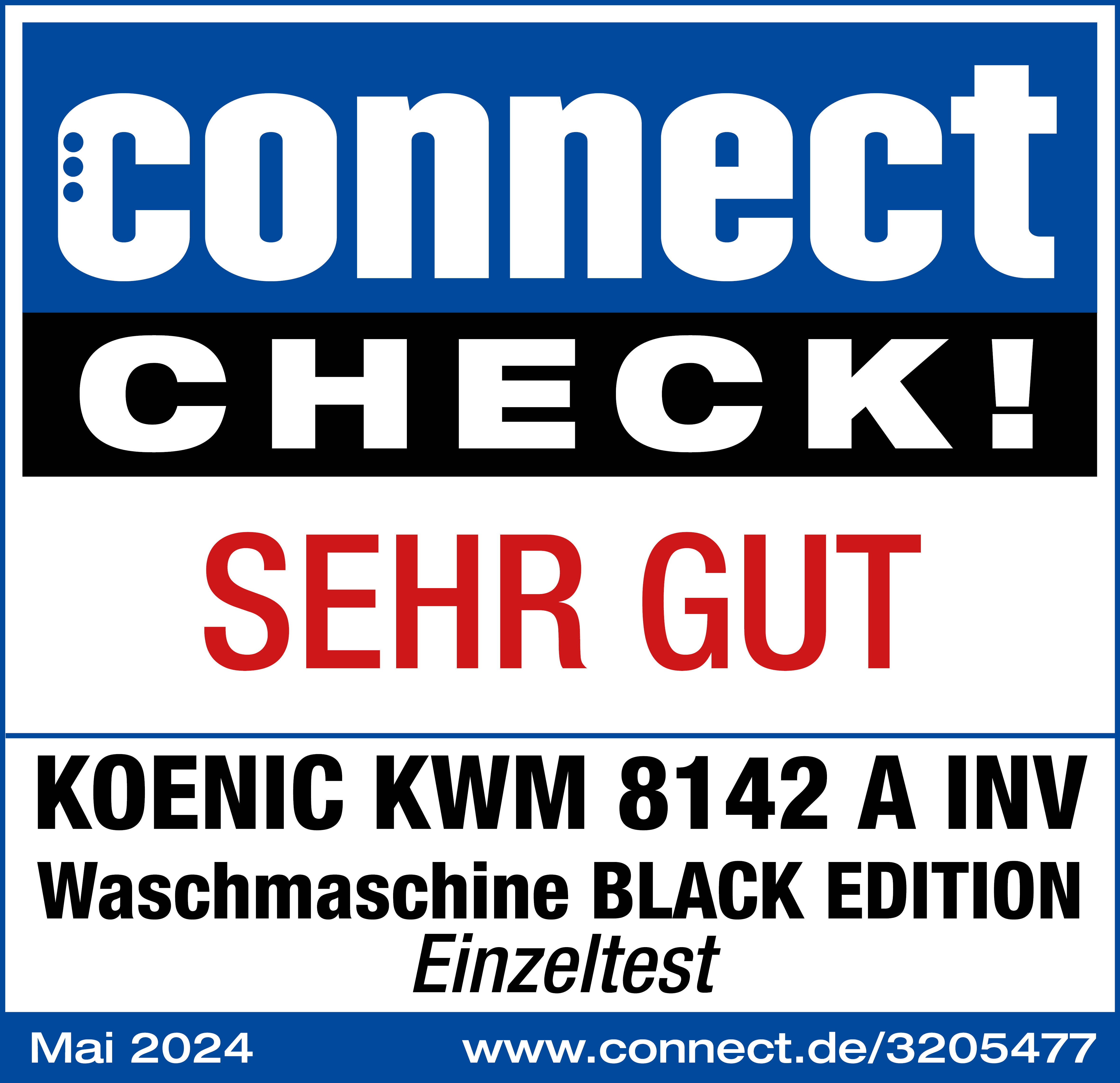 Connect Check Bewertung auf weißem Hintergrund. Text: SEHR GUT, KOENIC KWM 8142 A INV.